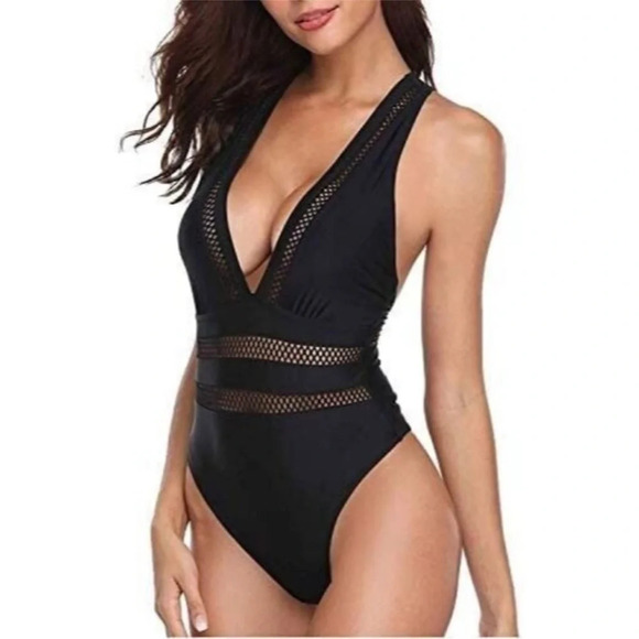 TEMPT Me Swimsuit Plunge V-neck Monokini Sexy Hollow Out Black Criss Cross 22W - Picture 2 of 11